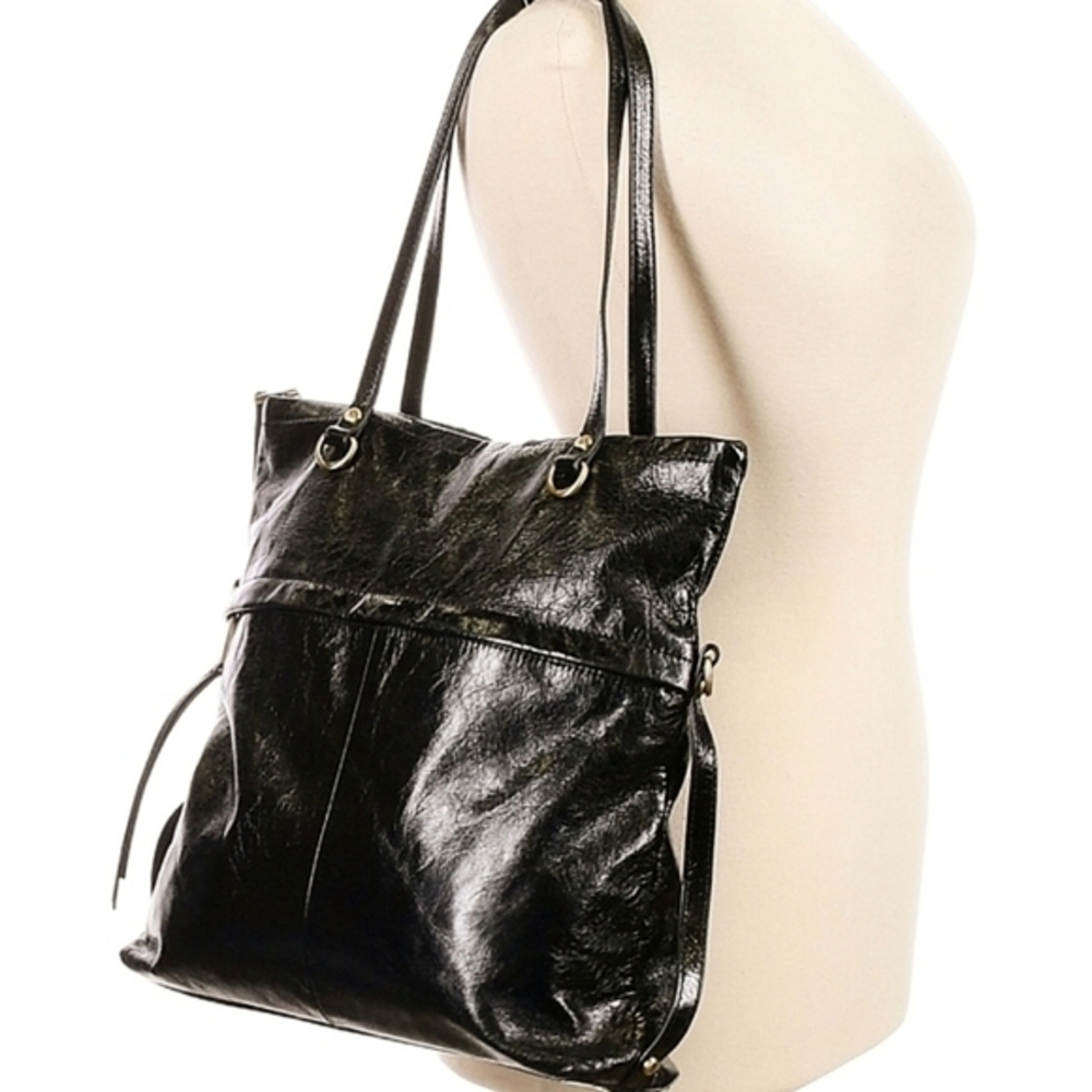 HOBO Vintage Shiny Black Leather Tote Shoulder Bag with Wanderlust Lining